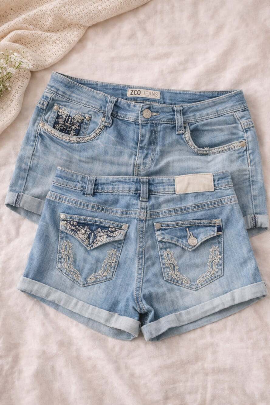 ZCO Jeans Y2K Denim Shorts Embroidered Low Rise Festival Size 24